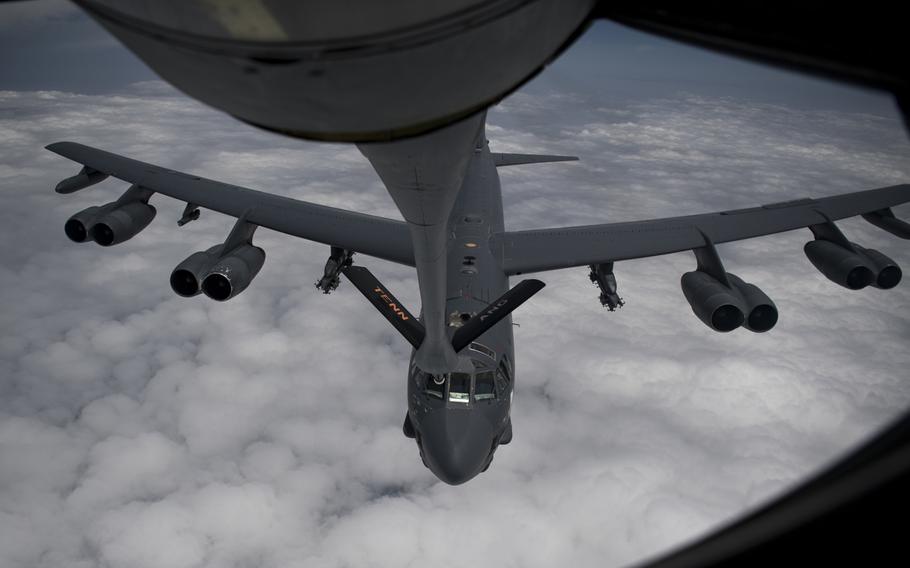 A U.S. B-52H Stratofortress assigned to the 20th Expeditionary Bomb Squadron refuels from a KC-135 Stratotankerfrom the 28th Expeditionary Air Refueling Squadron over Southwest Asia, on Tuesday, May 12, 2019. The B-52 is part of a bomber task force deployed to U.S. Central Command area of responsibility to defend American forces and interests in the region.