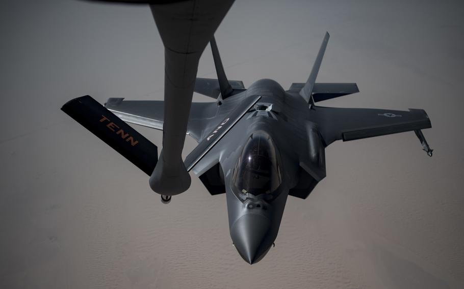 An F-35A Lightning II receives fuel from a KC-135 Stratotanker from the 28th Expeditionary Aerial Refueling Squadron, May 12, 2019, over an undisclosed location.