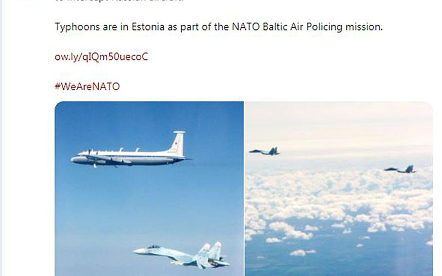 The British Defense Ministry tweets on Thursday, May 16, 2019, that their Typhoon jets intercepted two Russian SU-27 Flanker fighter aircraft and one IL-22 aircraft flying along the Baltic coast.