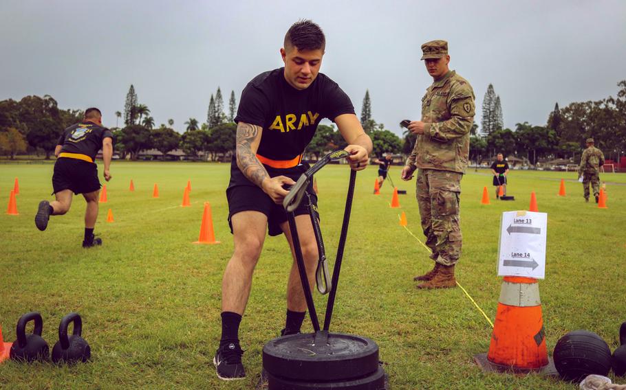 Spc. Aaron Chamberlain, 1st Battalion, 21st Infantry Regiment, 2nd Infantry Brigade Combat Team, 25th Infantry Division conducts the sprint, drag and carry during a field-testing of the Army Combat Fitness Test at Schofield Barracks, Hawaii, March 6, 2019.