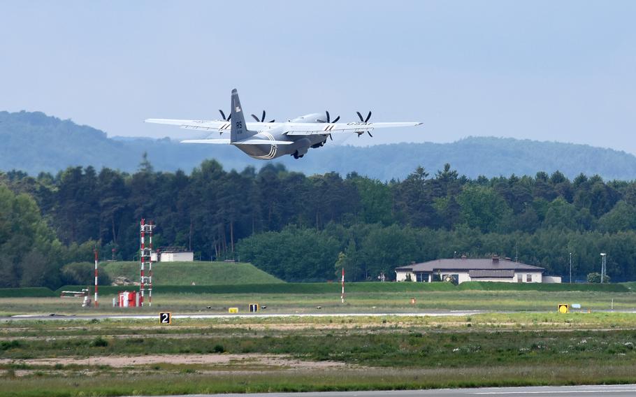 A C-130J from the 37th Airlift Squadron at Ramstein Air Base, Germany, takes off Wednesday, May 29, 2019, heading for Normandy, France. Four planes and about 40 personnel from the squadron will participate in events next week marking the 75th anniversary of D-Day.