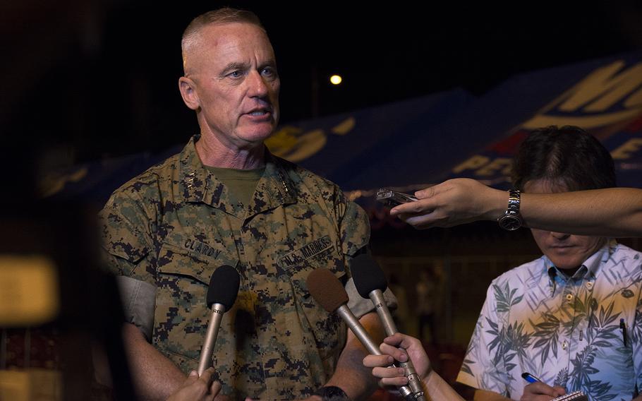 Lt. Gen. H. Stacy Clardy III speaks to reporters after becoming the new III Marine Expeditionary Force commander at Camp Courtney, Okinawa, May 31, 2019.