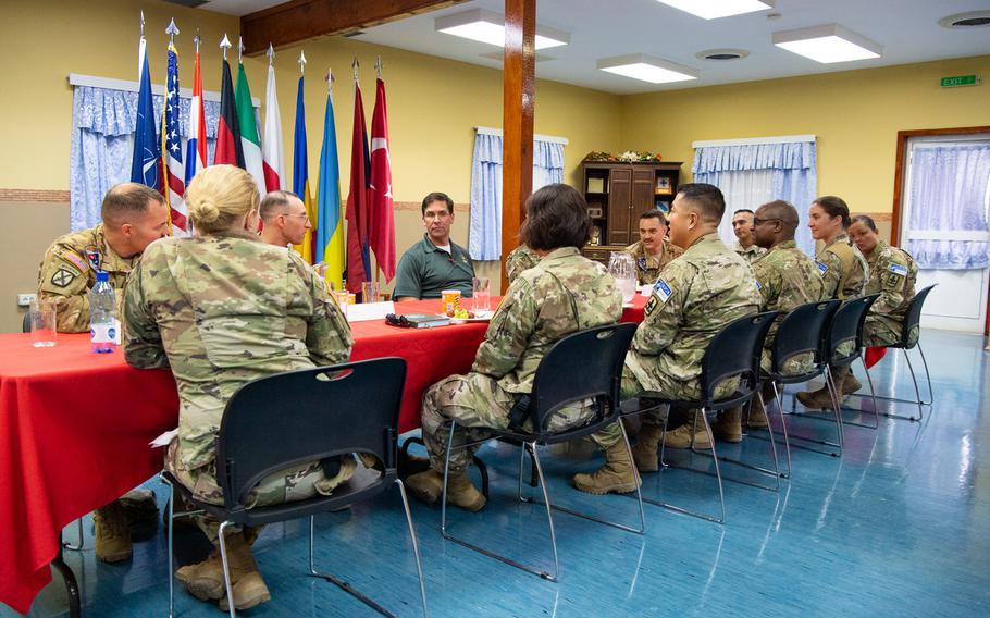 Secretary of the Army Mark Esper visits Camp Bondsteel, Kosovo, to meet with soldiers from the Hawaii, Tennessee and California National Guards, reservists from Pennsylvania and soldiers from 2nd Brigade, 10th Mountain Division.