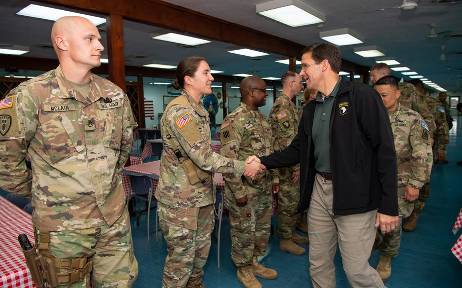 Secretary of the Army Mark Esper visits Camp Bondsteel, Kosovo, to meet with soldiers from the Hawaii, Tennessee and California National Guards, reservists from Pennsylvania and soldiers from 2nd Brigade, 10th Mountain Division.