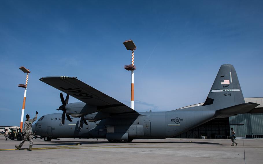 A C-130J Super Hercules sits on the flight line of Ramstein Air Base, Germany. Ramstein was named one of five recipients of the 2019 Commander in Chief's Annual Award for Installation Excellence.