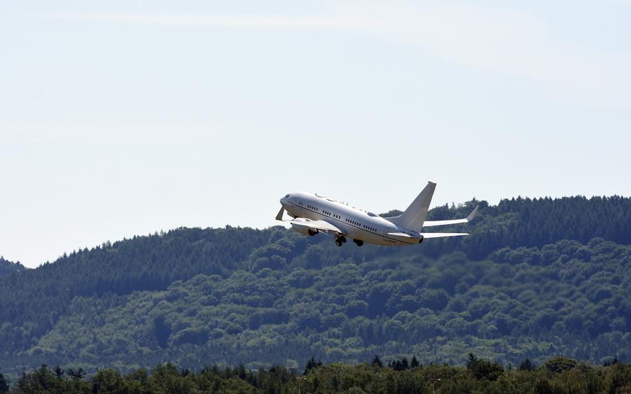 A C-40B takes off from Ramstein Air Base, Germany, on Friday, June 7, 2019, en route to its new home at Joint Base Andrews in Maryland. The plane, tasked with transporting combatant commanders and other high-ranking officials, was based at Ramstein since 2005. The Air Force is consolidating the mission stateside.