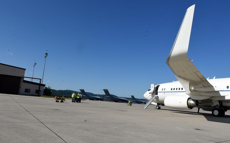 A C-40B sits on the flight line at Ramstein Air Base, Germany, on Friday, June 7, 2019, for perhaps the last time in a while. The plane and its mission - transporting combatant commanders and other high-ranking passengers - is moving to Joint Base Andrews in Maryland.