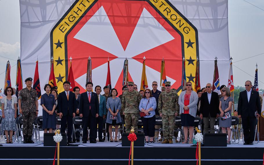 The command team and distinguished visitors take part in the Eighth Army's 75th anniversary ceremony at Camp Humphreys, South Korea, Saturday, June 8, 2019.
