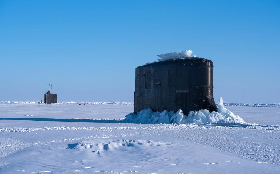 Seawolf-class submarine USS Connecticut and Los Angeles-class fast-attack submarine USS Hartford break through the Arctic ice March 9, 2018, during Ice Exercise 2018. NATO?s top official is in Iceland for high-level talks, which the Arctic becoming a growing security concern for NATO amid mounting interest from Russia and China.