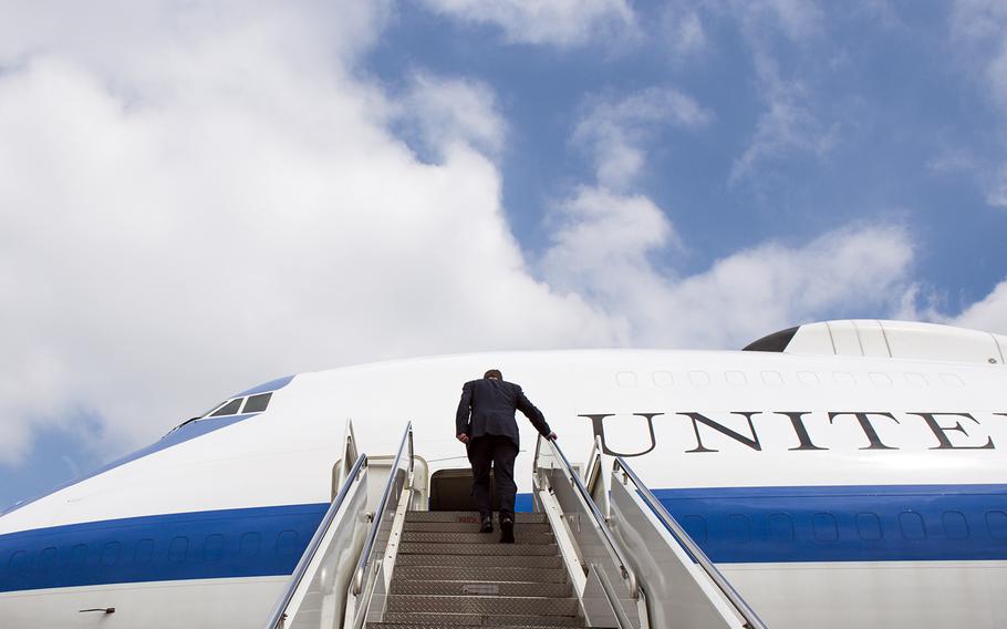 Then-Secretary of Defense Ash Carter prepares to depart Yokota Air Base, Japan, April 9, 2015.