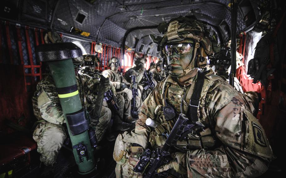 Paratroopers assigned to 2nd Battalion, 503rd Infantry Regiment, 173rd Airborne Brigade prepare to exit a CH-47 Chinook helicopter during Exercise Rock Spring 19 at Grafenwoehr Training Area, Germany, March 6, 2019. The Army recently increased tour lengths for single soldiers moving to Europe and Japan from two to three years.