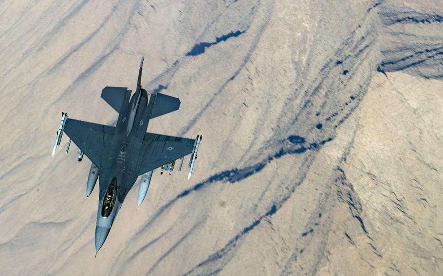 A U.S. Air Force F-16 Fighting Falcon flies over Afghanistan, Jan. 21, 2019. A U.S. airstrike killed six Afghan soldiers sometime between Tuesday night and early Wednesday morning, June 12, 2019, after the coalition forces mistakenly exchanged gunfire.