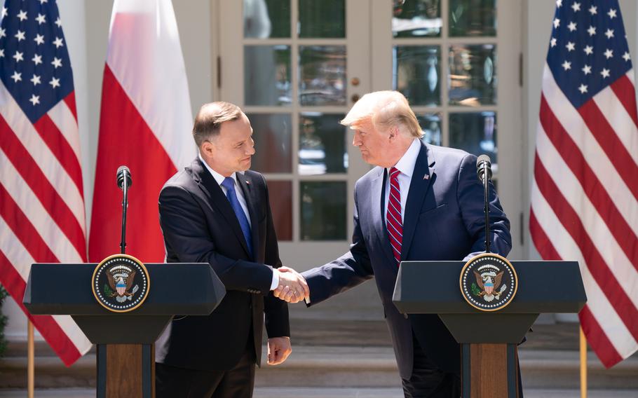 President Donald Trump participates in a joint news conference with Polish President Andrzej Duda in the Rose Garden of the White House, Wednesday, June 12, 2019.