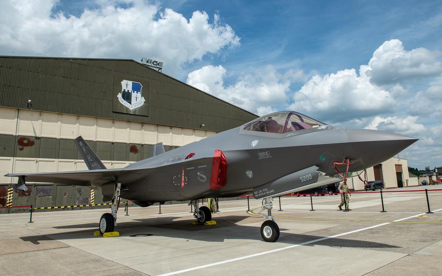 An F-35 Lightning II, part of European theater security package, sits on the flight line at Spangdahlem Air Base, Germany, June 18, 2019.