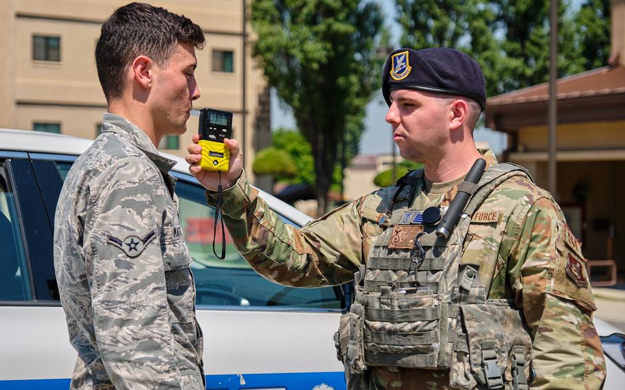 Airman Keelan Massey and Staff Sgt. Adam Bilak, both with the 51st Security Forces Squadron, train with a Breathalyzer at Osan Air Base, South Korea, Tuesday, June 25, 2019. 
