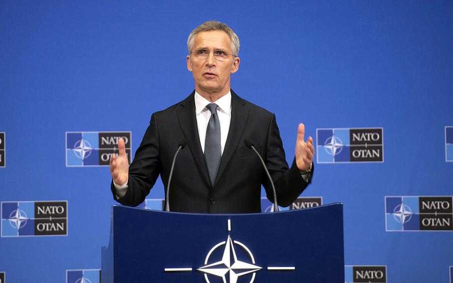 NATO Secretary-General Jens Stoltenberg answers questions at a news conference at the organization's headquarters in Brussels on Tuesday, June 25, 2019, a day before NATO defense ministers are scheduled to meet there.