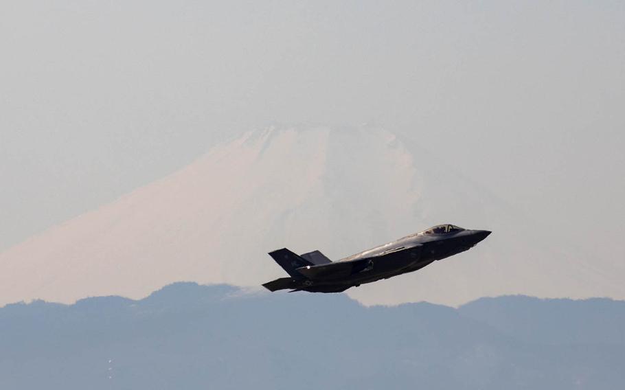 With Mount Fuji in the background, an Air Force F-35A Lightning II assigned to the 34th Fighter Squadron takes off at Yokota Air Base, Japan, Feb. 9, 2018.