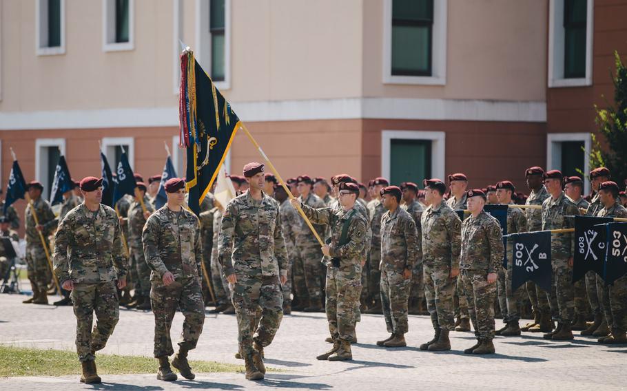 Incoming 173rd Airborne Brigade commander Col. Kenneth Burgess, left, inspects the formation along with deputy commander Lt. Col. Kurt Cyr, center, and Col. James Bartholomees, outgoing commander, at Thursday's change of command in Vicenza, Italy, on June 27, 2019.