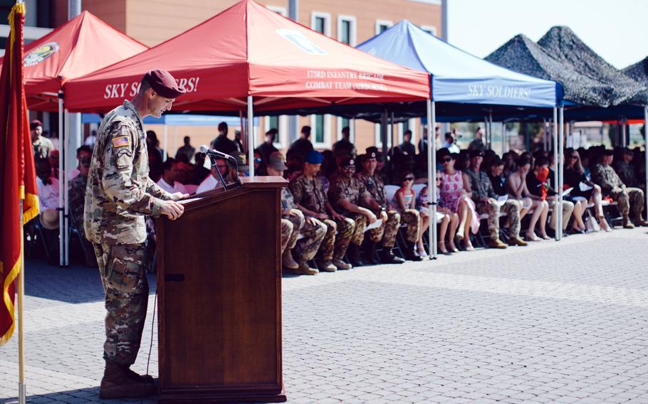 Col. James Bartholomees, ending his two years of command of the 173rd Airborne Brigade, addresses the crowd at the change of command ceremony on Thursday, June 27, 2019, at Del Din in Vicenza, Italy. Bartholomees said he doubted he'd ever have a better job.