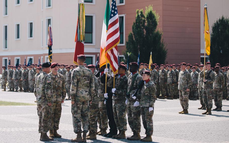 Col. Kenneth Burgess, second from left, took command of the 173rd Airborne Brigade from Col. James Bartholomees during a ceremony Thursday, June 26, 2019 in Vicenza, Italy. The ceremony was hosted by Brig. Gen. Christopher Norrie, left, commander of the 7th Army Training Command based in Grafenwoehr, Germany.