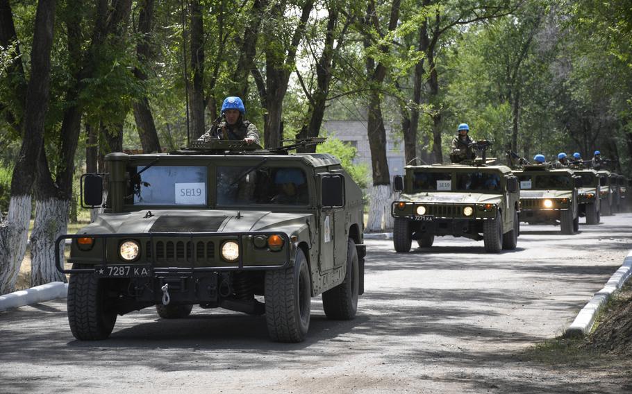 Soldiers with the Kazakh Ground Forces peacekeeping battalion convoy to training during the U.S.-led Steppe Eagle exercise at the Chilikemer Training Area outside of Almaty, Kazakhstan on June 23, 2019. Kazakh troops will serve this fall as U.N. peacekeepers in Lebanon.
