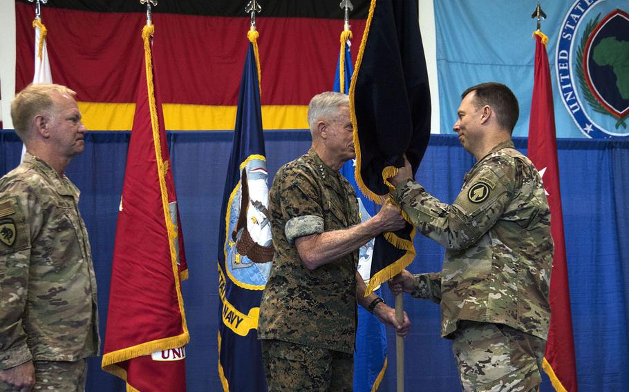 U.S. Air Force Brig. Gen. Dag Anderson, right, takes command of Special Operations Command Africa Friday, June 28, 2019 during a ceremony at Kelley Barracks  in Stuttgart. U.S. Africa Command's Gen. Thomas Waldhauser, center, officiated the ceremony.