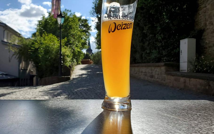 Cold beer is a welcome tipple on a hot summer's day at BurgRestaurant at Lichtenberg Castle in Thallichtenberg, Germany.