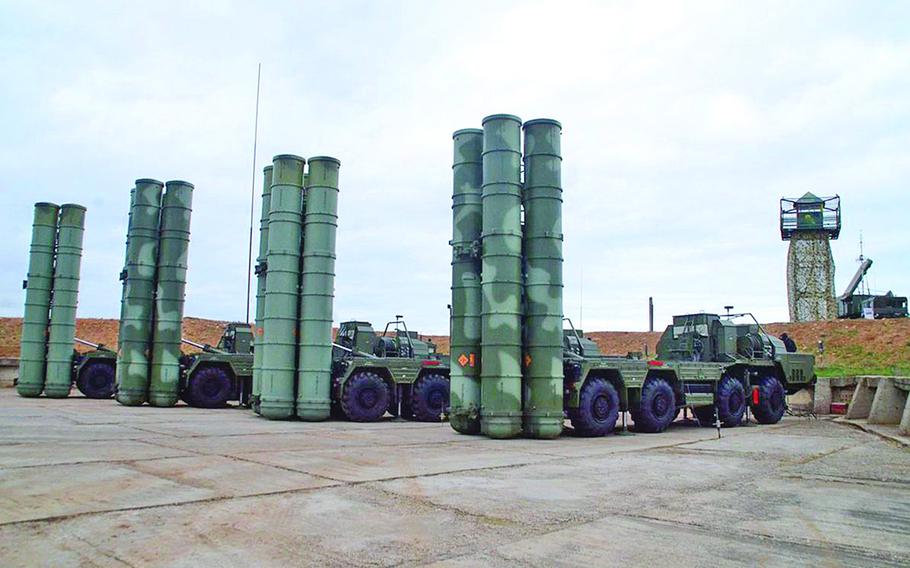 Russian S-400 surface-to-air missile launchers are seen in Sevastopol in 2018. A first shipment of the sophisticated missile defense system arrived in Turkey on Friday, July 12, 2019.