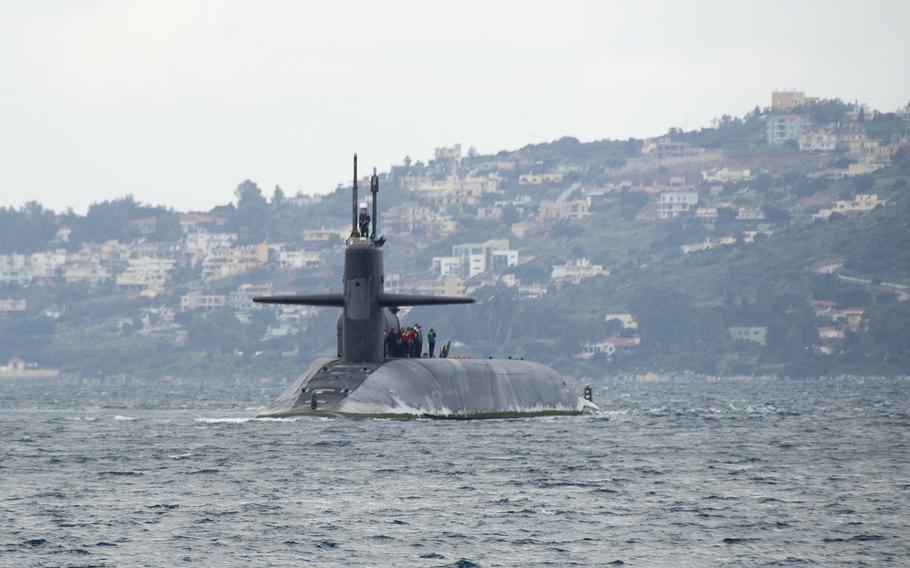 USS Florida arrives in Souda Bay, Greece, for a scheduled port visit March 14, 2019. The Navy will now accept applications for enlisted women hoping to join the submarine ranks.