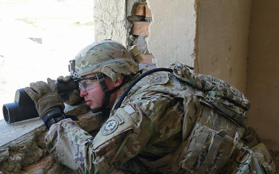 A 2nd Squadron, 2nd Cavalry Regiment soldier scans an area for reconnaissance and security training during Agile Spirit 19 near Tbilisi, Georgia, July 30, 2019.