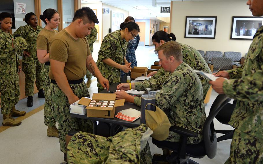 Navy Operational Support Center North Island conducts a monthly urinalysis test of assigned reserve sailors on Naval Air Station North Island, San Diego, July 13, 2019.