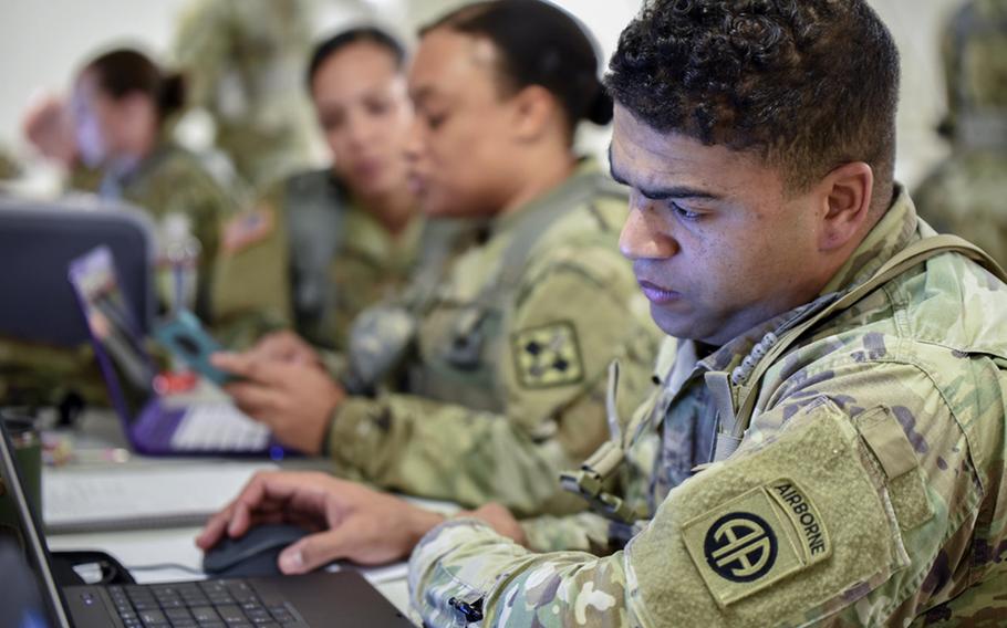 Students enrolled in the Army's Captains Career Course participate in a simulated natural disaster field training exercise  at Camp Bullis, Texas, in May 2019. Officers are now required  to take the standardized GRE test when they're enrolled in the  CCC.