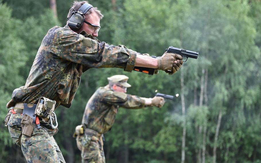 German snipers conduct the precision marksmanship lane as part of the European Best Sniper Team Competition at the Grafenwoehr Training Area in July 2019. German Chancellor Angela Merkel has said the country must improve its armed forces.