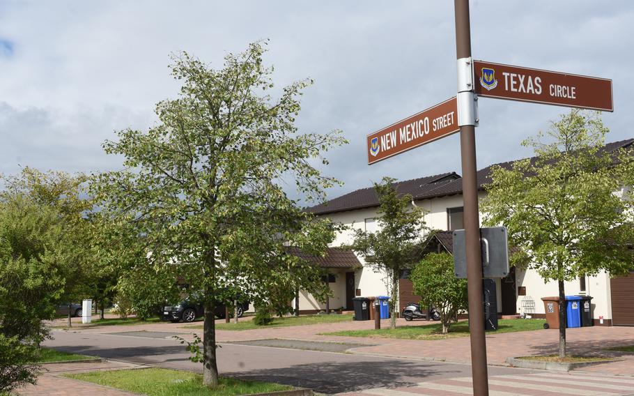 This street on Ramstein Air Base, Germany, shows a typical neighborhood on base, Aug. 14, 2019. Under a new program being rolled out to ease a chronic child care shortage, military spouses who volunteer and qualify to be family child care providers will get priority placement for base housing in the Kaiserslautern area.