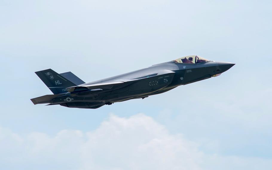 An F-35 Lightning II flies away from Spangdahlem Air Base, Germany, June 18, 2019. The Defense Department has awarded Lockheed Martin an additional $2.4 billion to provide spare parts for the aircraft.