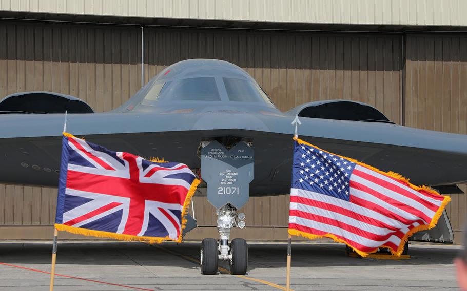 A B-2 Spirit stealth bomber from the 509th Bomb Wing out of Whiteman Air Force Base is displayed for media at RAF Fairford, England, Aug. 30, 2019.