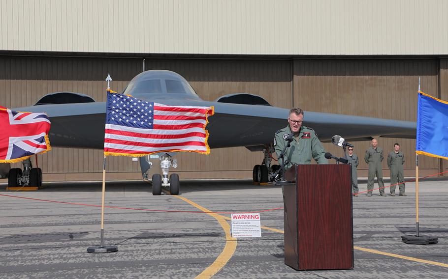 RAF Group Capt. Richard Yates speaks at RAF Fairford, England, in front of a B-2 Spirit from the 509th Bomber Wing Aug. 30, 2019.