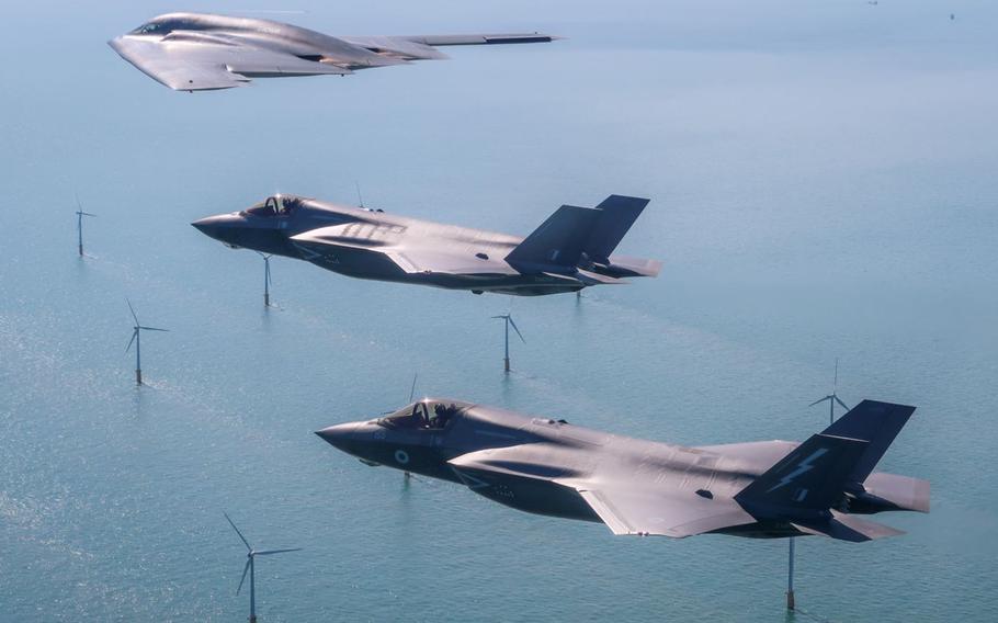 A U.S. Air Force B-2 Spirit deployed to RAF Fairford, England, flies above the English countryside near Dover with two British F-35 jets, Aug. 29, 2019.