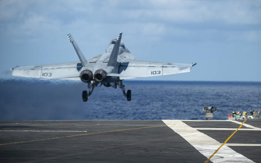 An F/A-18F Super Hornet takes off from the flight deck of  the USS Harry S. Truman in the Atlantic Ocean on Sunday, Dec. 1, 2019. The Truman strike group is conducting operations in the U.S. 6th Fleet's area of responsibility.