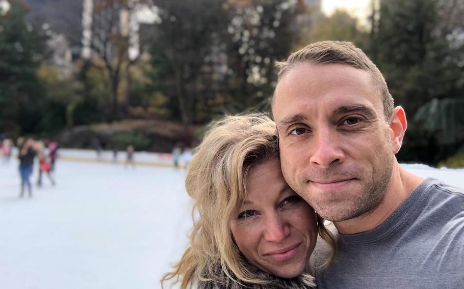 David Knadle and his wife, Silkey, pose for a Thanksgiving photo at Woolman Rink in Central Park, New York, N.Y., on Nov. 22, 2018. The two met while working at a financial firm in Fort Worth, Texas, shortly before he quit his job to become an Army pilot.
