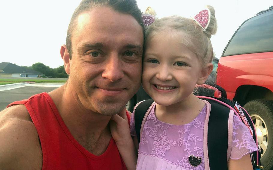 Every day before school, Chief Warrant Officer 2 David C. Knadle took a photo like this one, taken in Belton, Texas, in September 2019, with his daughter, Starling. Knadle, 33, died on a mission in Afghanistan on Nov. 20, 2019.