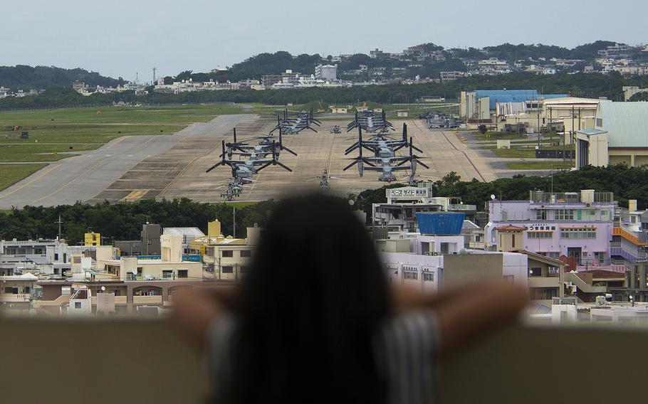 Marine Corps Air Station Futenma is seen from a park in Ginowan, Okinawa, April 19, 2019.