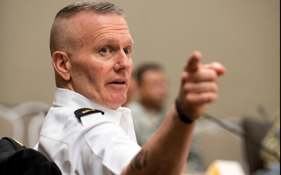 Army Command Sgt. Maj. John W. Troxell, senior enlisted adviser to the chairman of the Joint Chiefs of Staff, speaks to personnel attending an Air Force Element senior enlisted leader conference at the Pentagon in April 2018.
