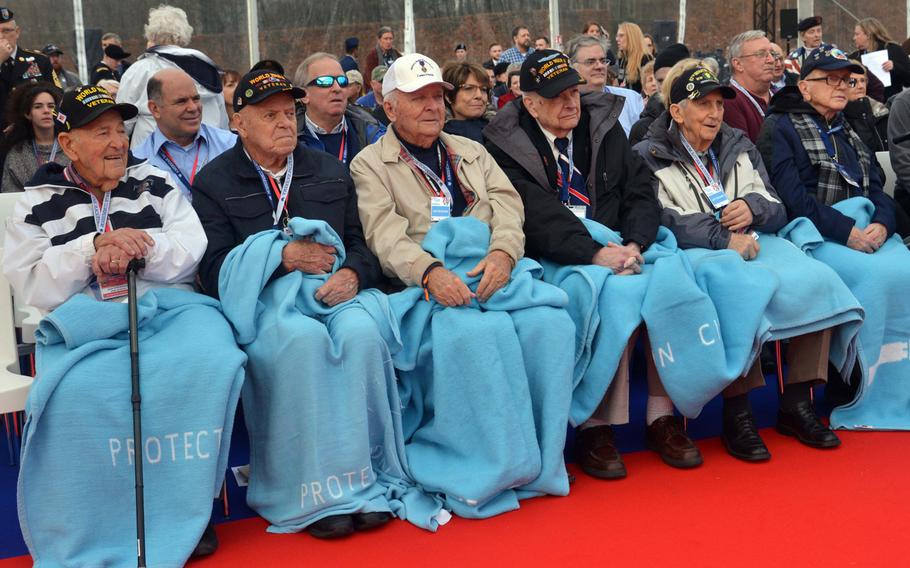Battle of the Bulge veterans wait for the commemorations at the Luxembourg American Cemetery marking the 75th anniversary of the battle, Monday, Dec. 16, 2019.