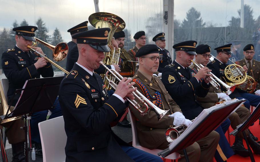 A U.S. Army brass quintet along with a military band from Luxembourg played at the commemorations at the Luxembourg American Cemetery marking the 75th anniversary of the Battle of the Bulge, Monday, Dec. 16, 2019.