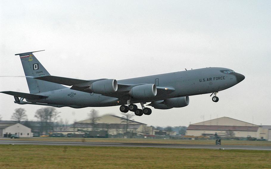 A KC-135 Stratotanker from the 100th Air Refueling Wing takes off from RAF Mildenhall, England. The Pentagon has put the closure of Mildenhall and the relocation to Germany of refueling tankers and a special operations wing on hold while U.S. European Command reassesses the 2015 European Consolidation Initiative.

Stars and Stripes
