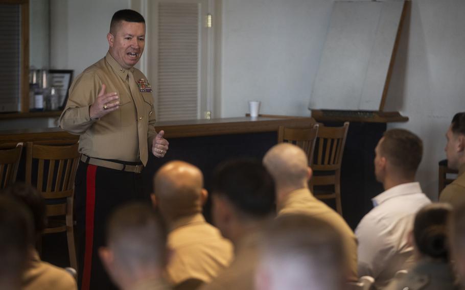 Maj. Gen. James W. Bierman, commander of Marine Corps Recruiting Command, speaks to Marine officer recruiters at Marine Corps Recruit Depot, San Diego, Dec. 10, 2019.