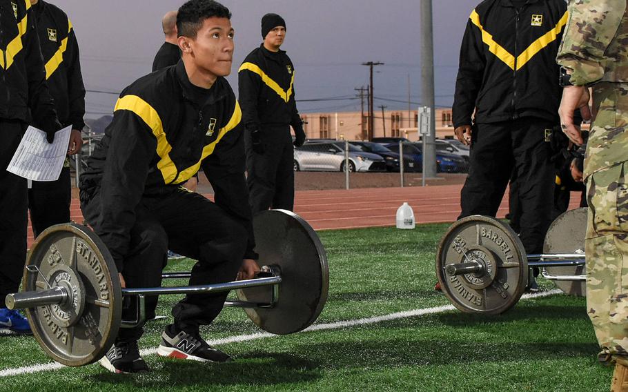 A soldier from the 11th Air Defense Artillery Brigade deadlifts during the Army Combat Fitness Test Jan. 27, 2020 at Fort Bliss, Texas. The Army is postponing the transition to the ACFT over coronavirus concerns.
