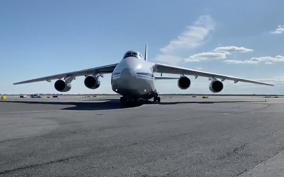 A screen shot from Russia?s @natomission_ru Twitter account shows a Russian Ruslan AN-124-100 arriving at John F. Kennedy airport in New York with 60 tons of medical equipment on board, April 1, 2020.