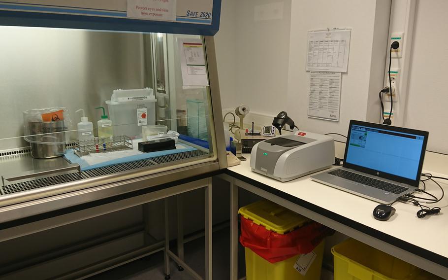 A fully automated diagnostic test designed to detect the coronavirus is set up at the U.S. Army SHAPE Healthcare Facility in Belgium. The new system was recently authorized by the Food and Drug Administration for emergency use to diagnose whether patients have the coronavirus.